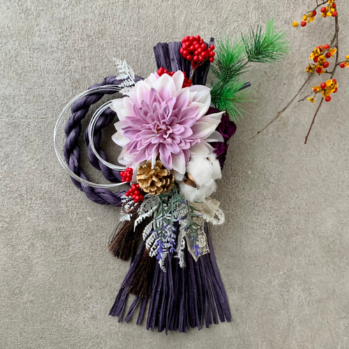 creema限定！超早割価格」しめ縄飾り 紫 お正月 しめ飾り 和モダン