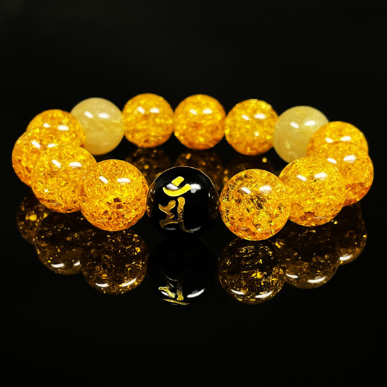 【四緑木星癸卯年/金銭運大飛躍】１４ミリ 守護梵字オニキス シトリン クラック ゴールド ルチルクォーツ ブレスレット