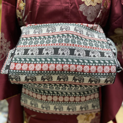 兵児帯 赤白黒緑象さん柄 ゴブラン風 ジャガード織 和装小物（帯・半襟