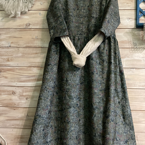 紬の切り替えギャザーワンピース着物リメイク