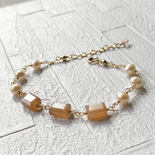 14kgf*ミルクティカラー*ムーンストーンと淡水パールのブレスレット