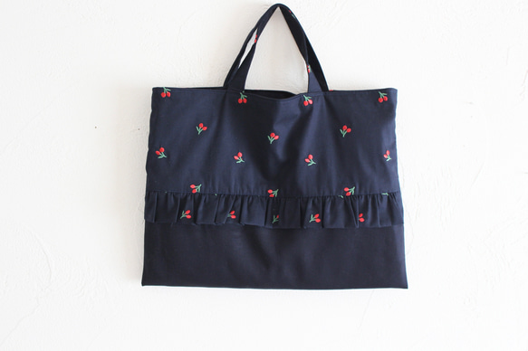 受注製作】入園入学2025 刺繍さくらんぼ（ネイビー） レッスンバッグ