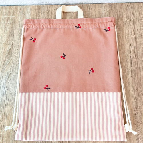 チェリー刺繍×スモーキーピンクストライプ 入園入学6点セット レッスン