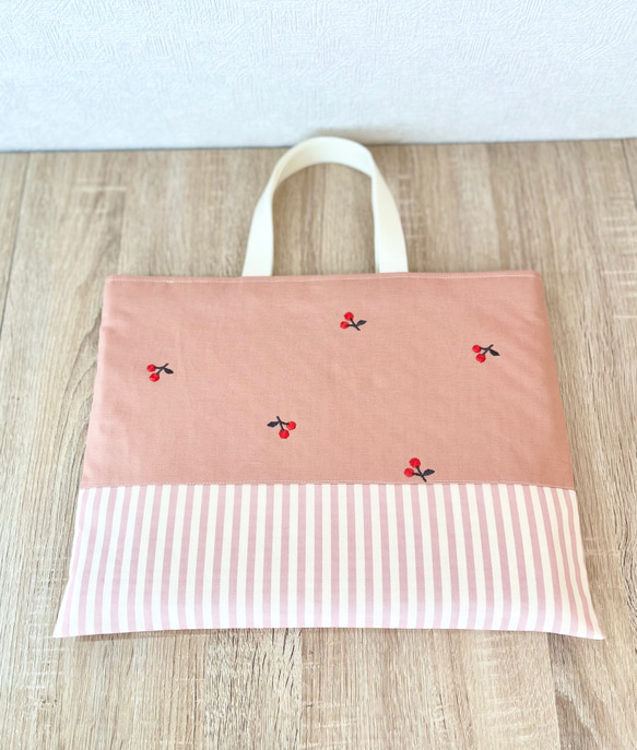 ⭐︎人気⭐︎ チェリー刺繍×スモーキーピンクストライプ　入園入学6点セット 2枚目の画像