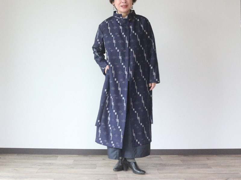 限定1点！着物リメイク　うこん色水玉ストライプの銘仙からショールコート 限定1点！着物リメイク うこん色水玉ストライプの銘仙から