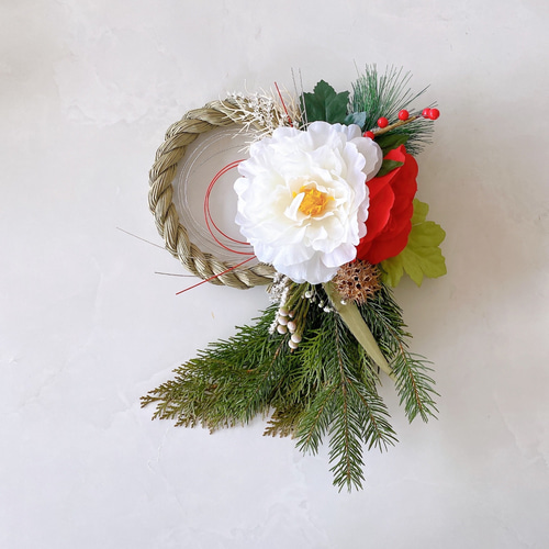 大きな芍薬とお花のしめ縄リース しめ飾り しめ縄リース お正月飾り
