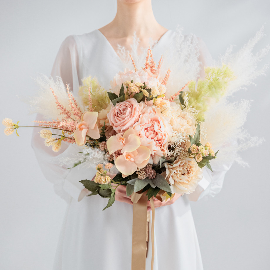 〈レンタルブーケ〉アーティフィシャルフラワーブーケ・ブートニアセット #009 peach