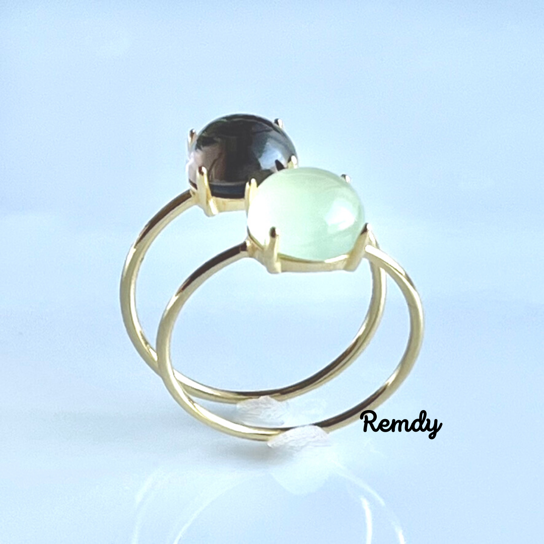 ジュレ☆彡スモーキークォーツとアップルグリーンカルセドニーのリングセット Silver925/18KGP