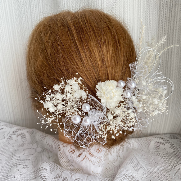 ドライフラワー髪飾り　プリザーブドフラワー　ヘッドドレス　水引　チュール　結婚式　成人式　卒業式　 2枚目の画像