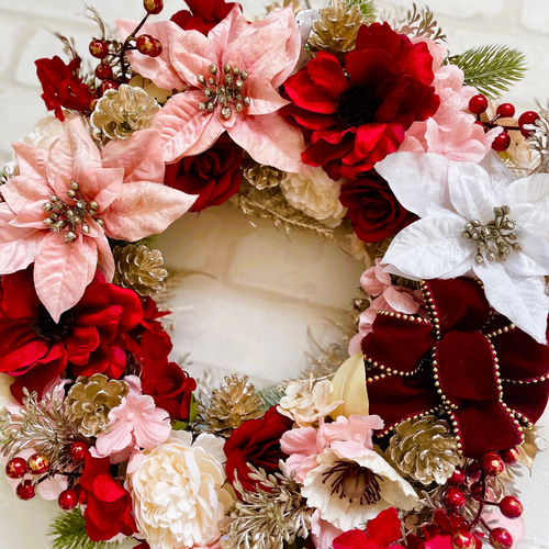 大人可愛いクリスマスリース（大）♪アーティフィシャルフラワーリース♪ 特別価格ピンクレッドの特大クリスマスリース(直径約40cm)アーティ