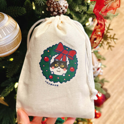 クリスマスギフト｜クリスマスリース ネコのデイリー メルセデス ネコ キャンバス巾着袋 手刷り巾着袋 10枚目の画像