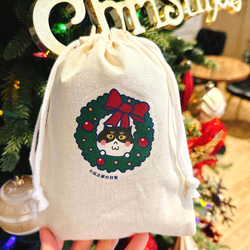 クリスマスギフト｜クリスマスリース ネコのデイリー メルセデス ネコ キャンバス巾着袋 手刷り巾着袋 3枚目の画像
