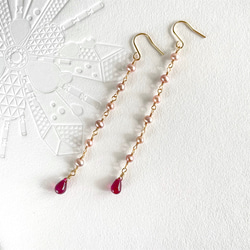 未加熱深紅色紅寶石和淡粉色珍珠搖曳耳環（k14gf）可換耳環 第2張的照片