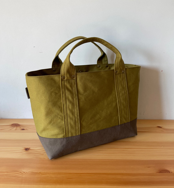 浜松産帆布【見っけバッグ】［横長トート　Lサイズ　抹茶×モカ］ 4枚目の画像