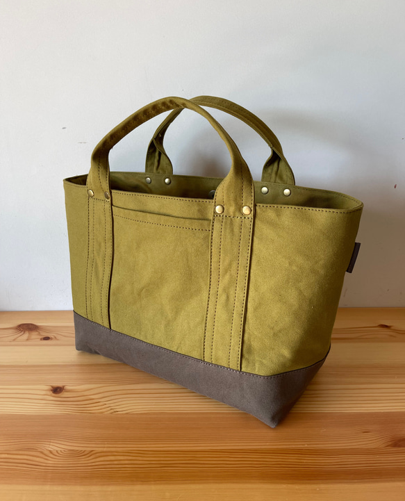 浜松産帆布【見っけバッグ】［横長トート　Lサイズ　抹茶×モカ］ 2枚目の画像