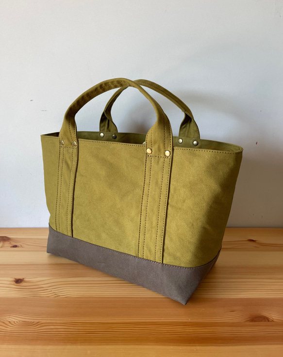 浜松産帆布【見っけバッグ】［横長トート　Lサイズ　抹茶×モカ］ 6枚目の画像