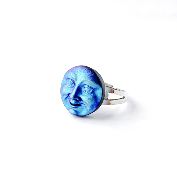 同じ月を見ていた -blue moon- / ムーンフェイスの青いチェコボタンの指輪 2枚目の画像