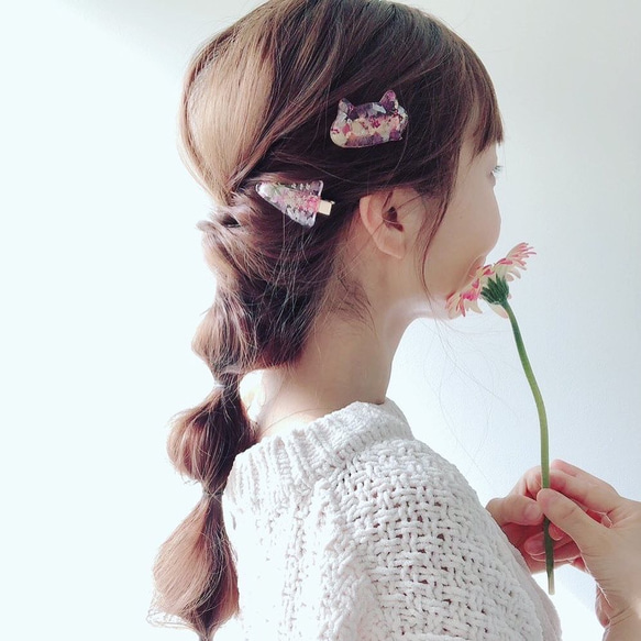 新作♡猫×花♡ドライフラワー押し花入りレジンのねこ型ヘアクリップor回転ピンブローチ♡猫ネコアクセサリー猫の日 11枚目の画像