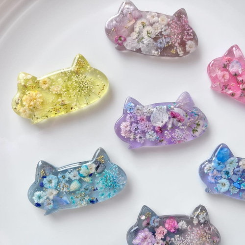 うに様　4.30 猫(気泡あり)　レジンヘアゴム　トラネコ　お花飾り 新作♡猫×花♡ドライフラワー押し花入りレジンのねこ型ヘア