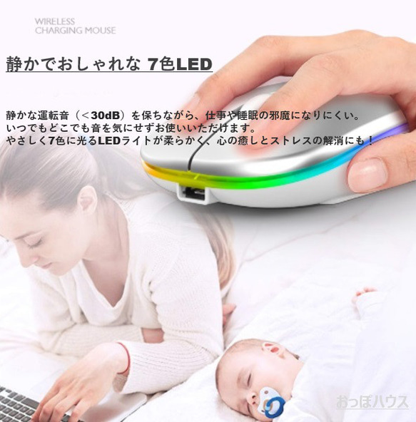 【最新7色LEDランプ】 ワイヤレスマウス 静音 軽量 USB 超薄型 レインボー 2枚目の画像