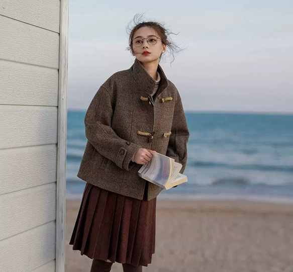 ダッフル風ショートコート/ジャケット　ポケット付き【春秋冬】グレイッシュ 12枚目の画像