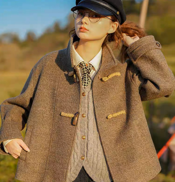 ダッフル風ショートコート/ジャケット　ポケット付き【春秋冬】グレイッシュ 6枚目の画像