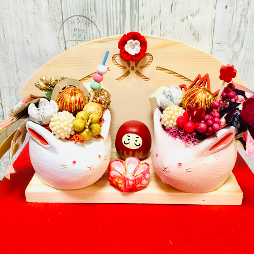 紅白うさぎとつまみ細工のお正月セット しめ縄・しめ飾り miofioremiki  