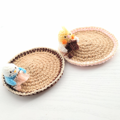 受注制作】編み編みインコちゃんのコースター(2枚セット) その他 