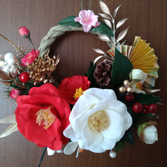 ❤紅白椿の可愛くて素敵なお正月飾り 一点物 しめ縄 しめ飾り しめ縄  