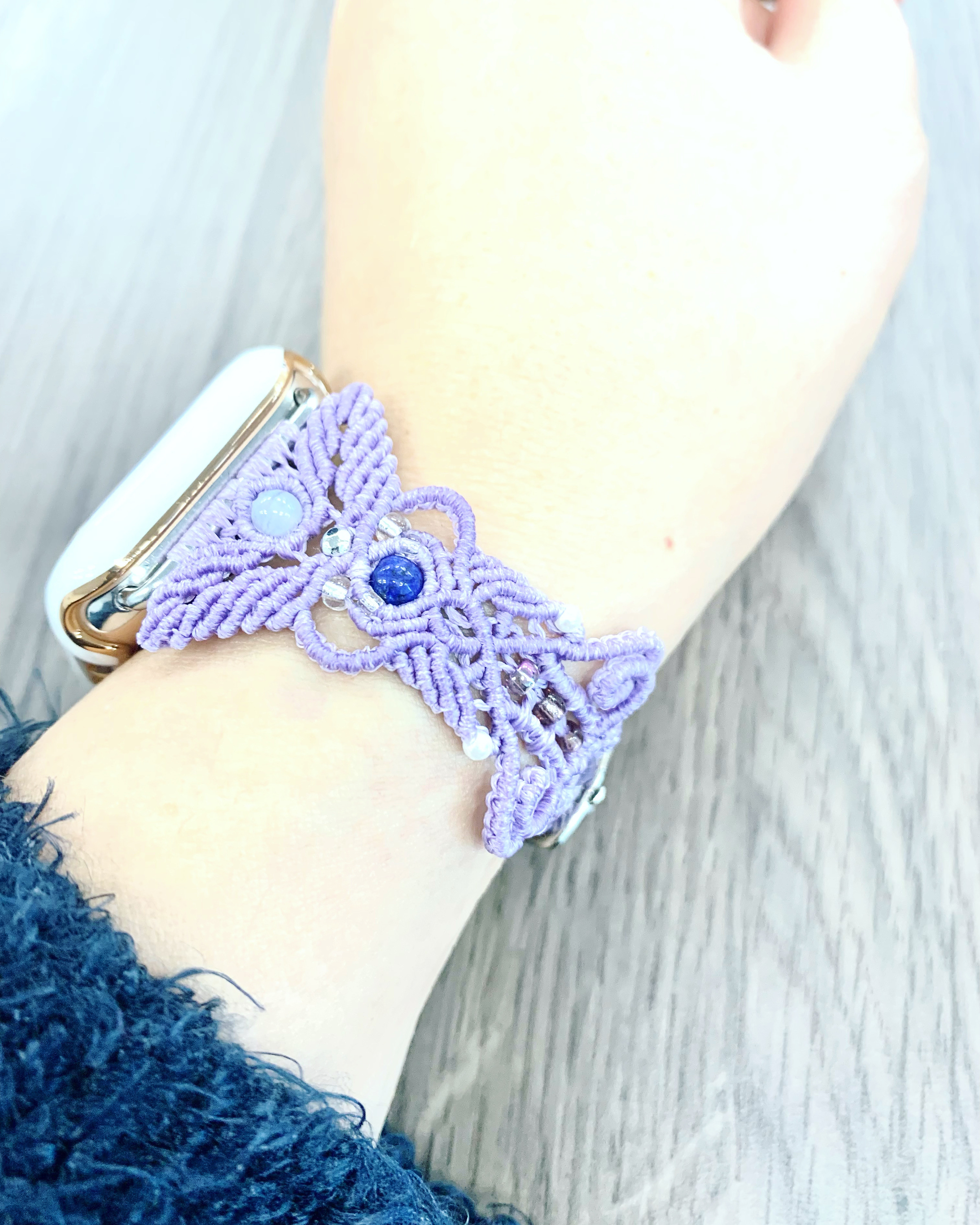 01.ラベンダー×ラピスなど好きな色と天然石3つ✩.*Applewatch、腕時計、スマートウォッチ着せ替えバンド