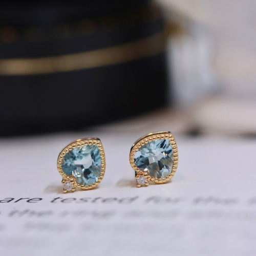 ハート形 天然ダイヤモンド付きアクアマリンピアスk18 ピアス  