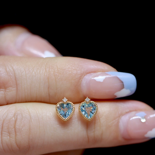 ハート形 天然ダイヤモンド付きアクアマリンピアスk18 ピアス  