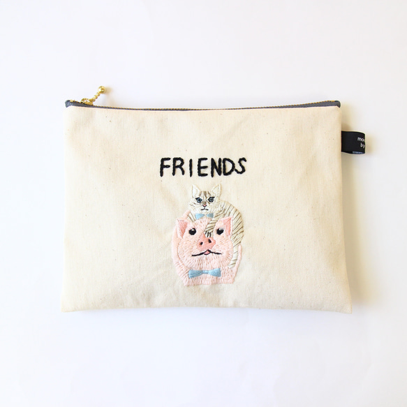 〈20㎝ファスナー〉FRIENDS 刺繍のポーチ 2枚目の画像