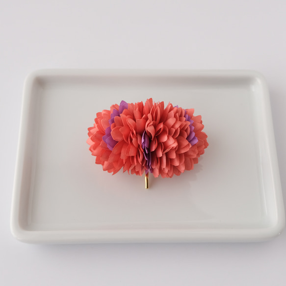 PF/染花のヘアカフス ポニーフック ファイヤーオレンジ/ピアニーパープル 布花 -飾る花- 4枚目の画像