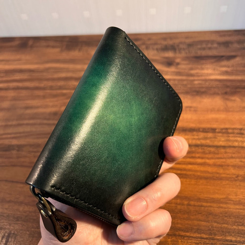 革の手染め-ラウンドファスナー財布 / ディープグリーン（深緑） ミニ