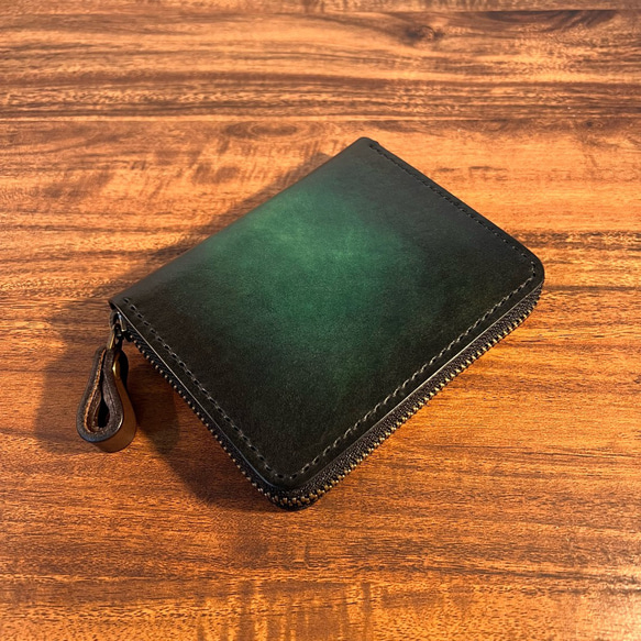 革の手染め-ラウンドファスナー財布 / ディープグリーン（深緑） ミニ