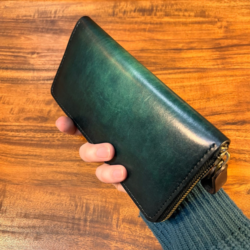 革の手染め- ラウンドファスナー長財布 / ディープグリーン（深緑） 長  
