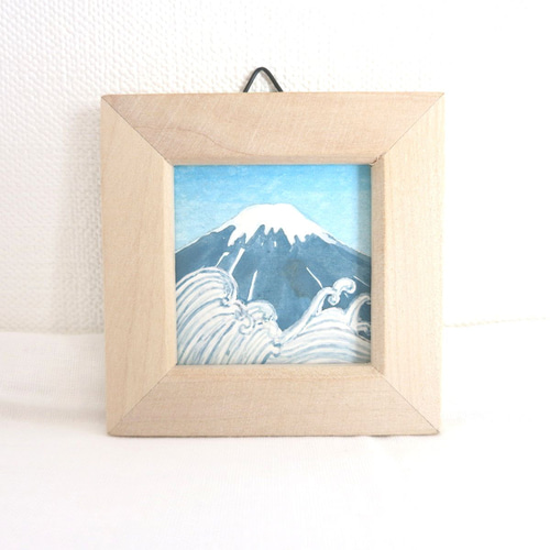 日本画ポスター】富士山と波 絵画 ミニ額付き ミニアートパネル