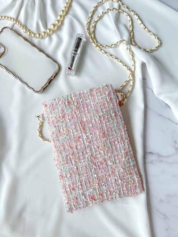 キャンディツイード スマホポシェット♡ ピンク 尾州ツイード チェーン