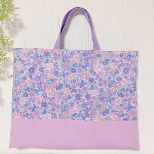 受注制作】B28花柄リボン 紫×オーキッド レッスンバッグ 手提げ