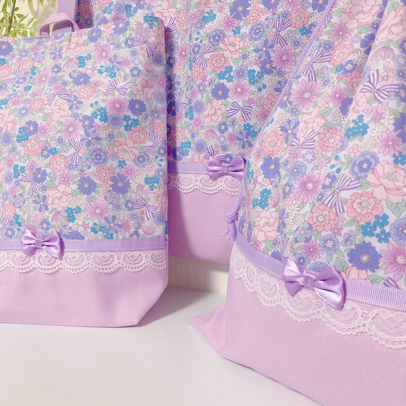 【受注制作】B28 ３点セット花柄リボン 紫×オーキッドレッスンバッグ 上履き入れ　体操服袋 入園入学 マチ付き有 11枚目の画像