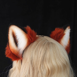 【受注生産】赤狐耳カチューシャ 手作りリアルな毛皮のような ヘアアクセサリー   シミュレーション動物の耳 2枚目の画像