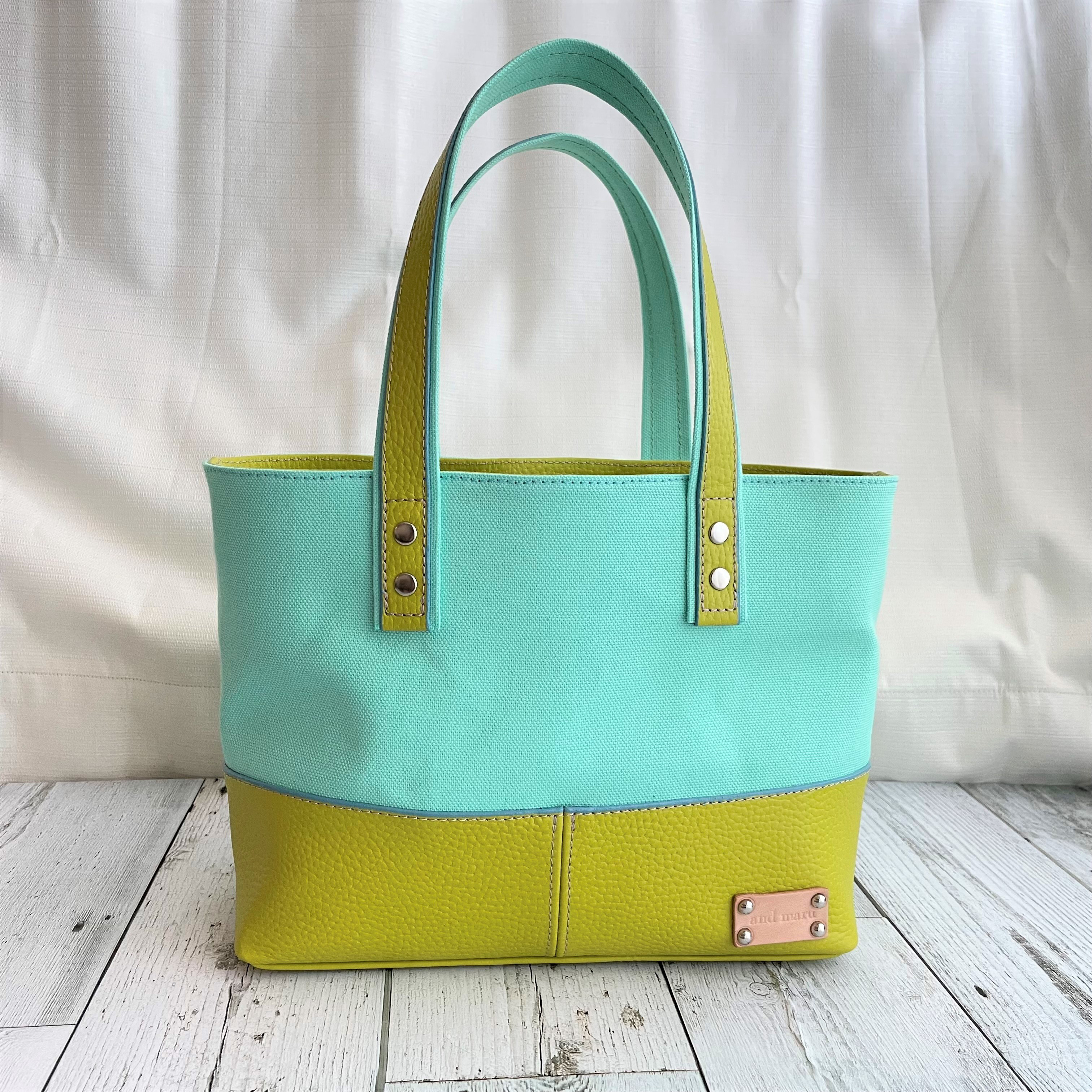 【ミント×リーフグリーン】帆布と本革の小さめトートバッグ