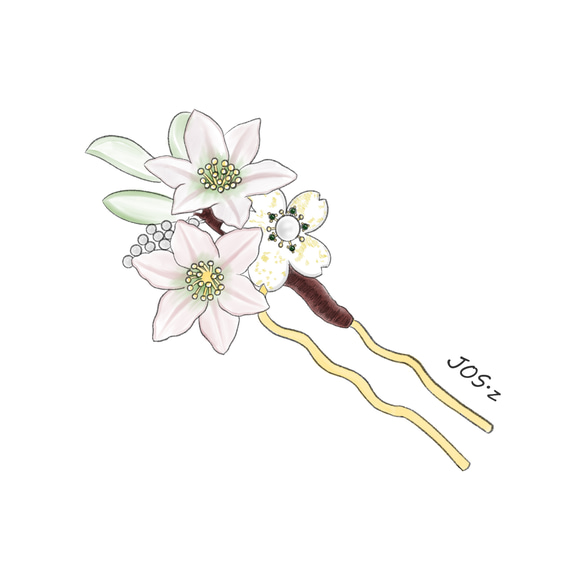 ユリと桜の花束のかんざし　u字　簪　ヘアアクセサリー　髪飾り　百合 3枚目の画像