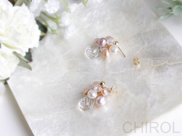 にぎやか 淡水パール+ きらきら クォーツの ピアス/ 14kgf