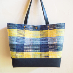 [Creema Limited Spring Lucky Bag] 格紋手工編織托特包和智能手機手拿包套裝（藍色） 第2張的照片