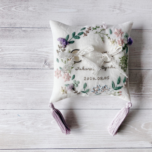 45r花あそび刺繍のフロントリバー（再び）専用です 名前記念日刺繍】刺繍のリングピロー フラワーガーデン＊flower garden