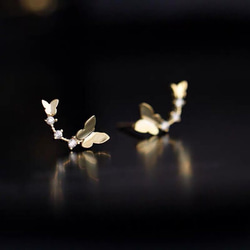 S925純銀製　ゴールド　ダブルバタフライ　蝶々　ミニピアス　G6194 2枚目の画像