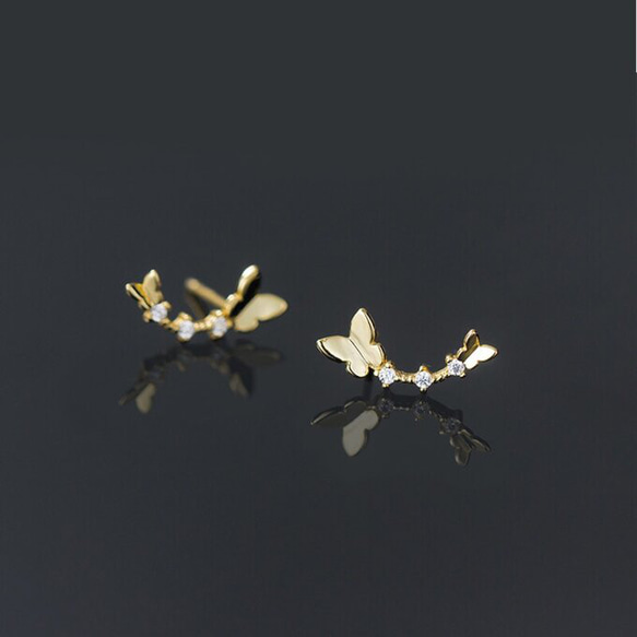 S925純銀製　ゴールド　ダブルバタフライ　蝶々　ミニピアス　G6194 3枚目の画像