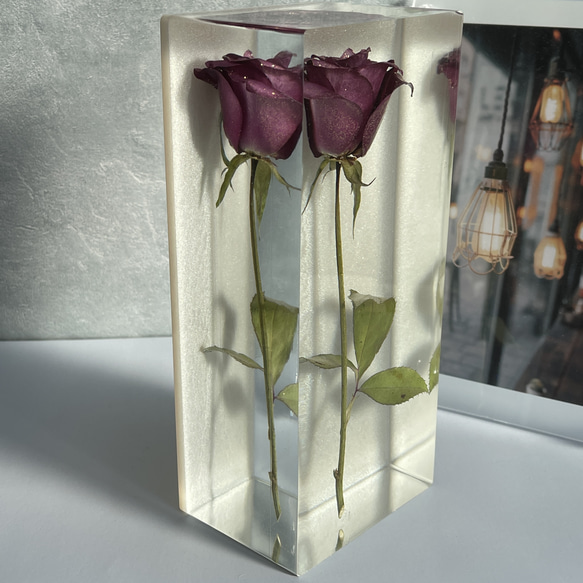 本物の紫色のバラ/ミーティア＋/インテリア置物/記念日/プレゼント/薔薇の植物標本/レジン/987g 5枚目の画像